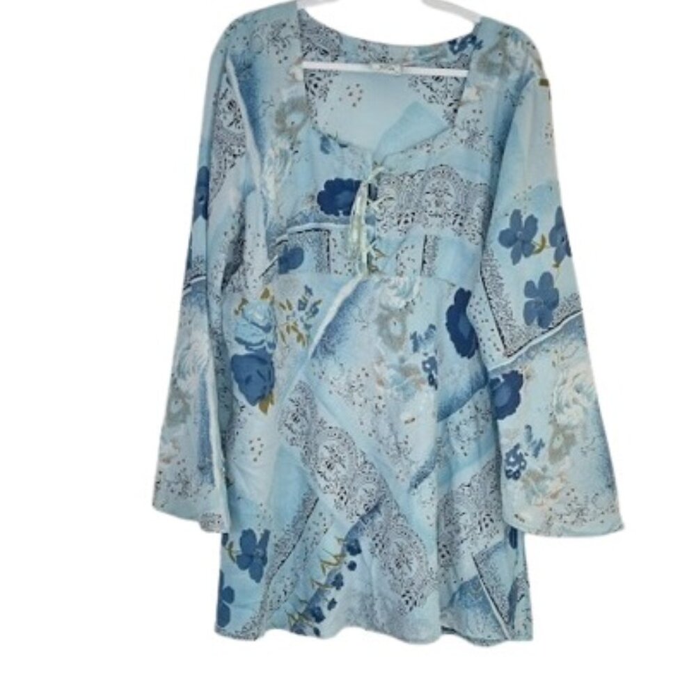 Vintage Carolina Bay Womens Lace Up Tunic Top Blue Floral Chiffon Plus 4X